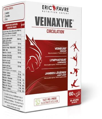CIRCULATION SANGUINE JAMBES VEINAXYNE - Action Drainante Jambes Lourdes, Chevilles Gonflées - Circulation Sanguine, Jambes Légères - Etui de 60 Comprimés - Eric Favre