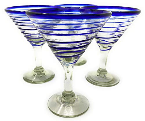 Mexican Hand Blown Glass – Set of 4 Hand Blown Modern Margarita Glasses - Blue Spiral (12 oz)