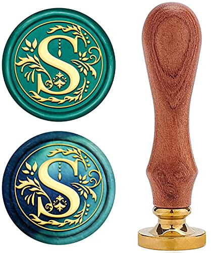 CRASPIRE Initial S Wax Seal Stamp Alphabet Letter Vintage Sealing Stamp Olive Leaves Medieval Classic 25mm Removable Brass Head with Wooden Handle for Wedding Invitations Cards Envelopes