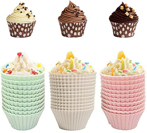 30 Stück Silikon Cupcake Formen, Wiederverwendbare Backformen, Antihaft Hitzebeständig Muffinformen für Kuchen, Eis, Pudding, Gelee (Pink, Grün, Gelb)