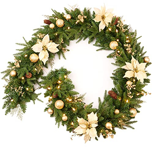 AMERZEST Pre-lit 9ft Christmas Garland with Gold Berries and Balls,Pine Cone,Golden Flower and 50 Battery Operated Soft White LED Lights with Timer,Artificial Holiday Decoration Door Outdoor