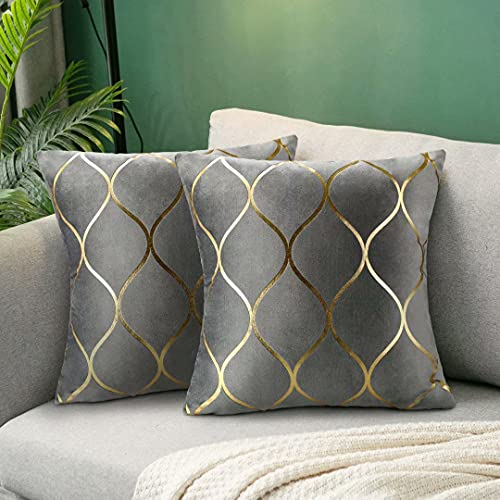 Hanrunsi Cojín Gris Juego de 2 Fundas de Cojín Gris Y Dorado 40x40cm Terciopelo Decorativo 16 x 16 '' Fundas de Almohada Suave Cojines Decorativos Cuadrados para Sofá, Dormitorio, Sala de Estar