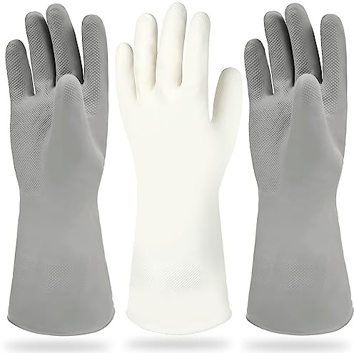 Cleanbear Cleaning Gloves Latex Free Rubber Gloves Reusable Lightweight and Durable Set of 3 with 2 Pairs of Gray Gloves and 1 Pair of White (12 Inches)