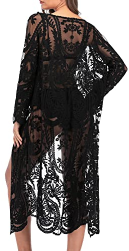Cardigan da donna in pizzo floreale all'uncinetto pura copertura da spiaggia lungo aperto Kimono, Nero 72, Taglia Unica
