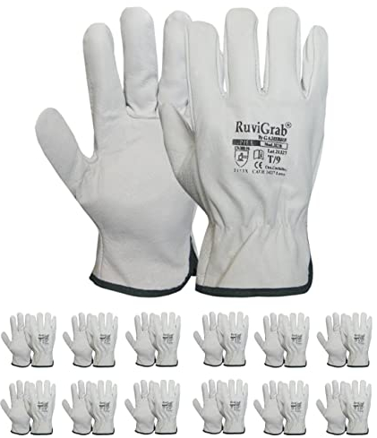 Ruvigrab - Pack 12 pares - Guante de Trabajo de Piel de Flor Natural - Guantes para Jardinería - Guantes de Cuero - Guantes de Piel para Obra