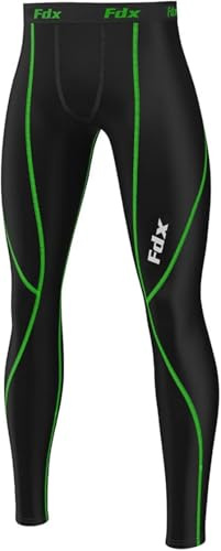 FDX Men’s Compression Tights, Highly Breathable, Lightweight Leggings, Elastic Cool Quick Dry Base Layer Bottom Trouser All Season Underpants for Running, Gym, Workout Black/Green-Medium