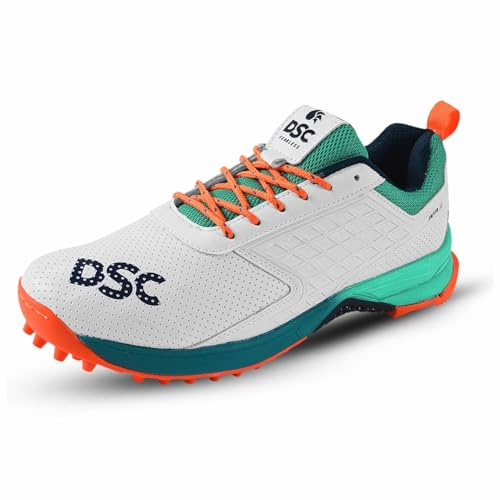 DSC Jaffa 22 Cricket Shoes | Color: Sea Green/Fluro Orange | Size: 9UK/10US/43EU | for Mens & Boys | Material: Mesh | Breathable Mesh | Non-Slip Sole for Improved Durability for Stability
