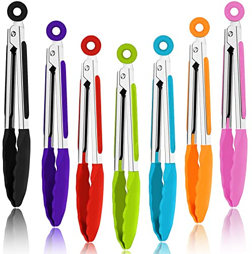 7-pack kökstänger, 18 cm små silikontänger med rostfritt stål silikonhandtag och nylonspetsar, värmebeständiga non-stick matlagningstång, minilåsning mattänger för matlagning sallad grillning och