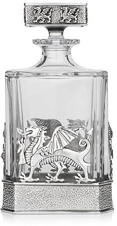 Whisky-Dekanter aus Zinn mit walisischem Drachen, rechteckig, aus Glas