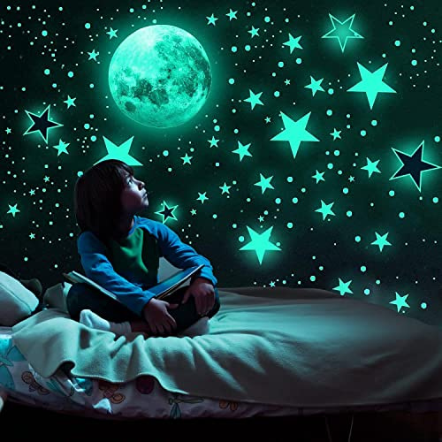 1119 Stück Leuchtsterne Selbstklebend Wandsticker Leuchtsticker Wandtattoo Leuchtaufkleber Mond Sterne Fluoreszierend Wand Aufkleber Wanddeko für Baby Schlafzimmer Kinderzimmer Dekorative Grün