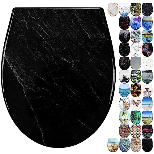 Fanmitrk Duroplast Soft Close Toilet Seat-Quick Release Toilet Seats with Top Fixing,Black Marble,Easy fit Easy Clean(81924