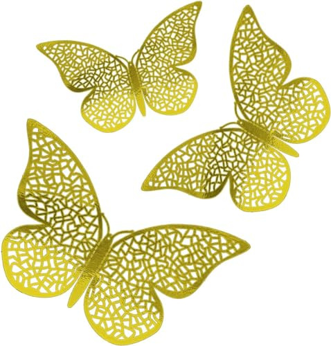 150 x 3 tamaños decoración de pared 3D mariposa adhesivo extraíble pegatinas para fiesta de bebé, boda fiesta decoración (dorado)