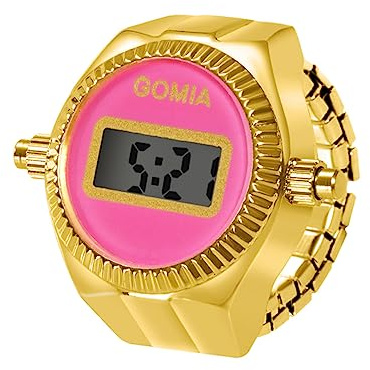JewelryWe Ringklocka, fingerklocka, dam digital klocka – rund, digital elastisk ring i rostfritt stål, kvinnor, fingerringsklocka, klockring med kalender, stoppur och svart urtavla, guld rosa, Sporter