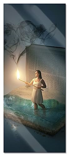 Pixxprint Glasbild Panorama, Wandbild aus Echtglas, Frau mit Fackel steigt aus Buch, 100x40 cm, inkl. Aufhängung und Abstandshalter
