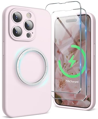 SURPHY Cover Magnetica Silicone per iPhone 15 pro max con 2*Vetro Temperato(6.7''), Compatibile con Magnetica Accessori, Custodia per iPhone 15 pro max Antiurto Protettiva Fodera, grigio rosa