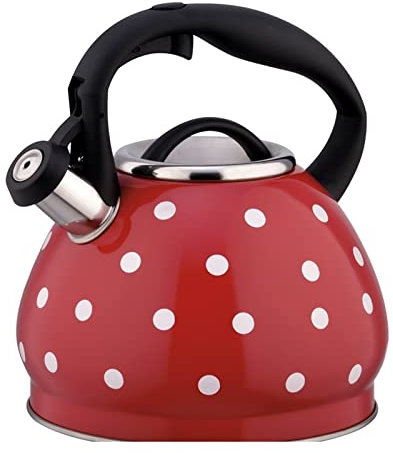 Bouilloire à thé, jolie bouilloire sifflante pour cuisinière, bouilloire à pois en acier inoxydable, bouilloire à thé avec poignée ergonomique au toucher froid, 3 L (couleur : rouge, taille : 3 l)