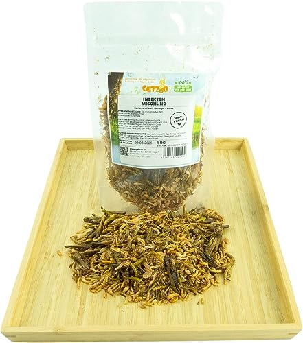 Getzoo Insektenmischung für Nager 50g - Natürliche Eiweißquelle, Schonend Getrocknet - Gammarus, Grashüpfer, Maden, Mehlwürmer, Süßwassershrimps - Ideal für Aufzucht & Energielieferung