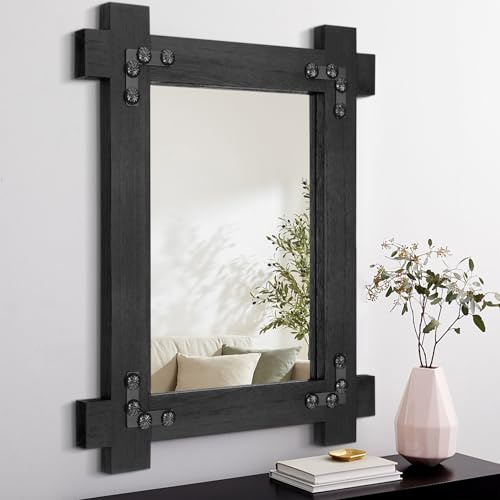 Lzuso Black Large Hanging Mirrors for Wall Vintage Wood Mirror Rectangular Framed Rustic Farmhouse Decor Bedroom Living Room Bathroom Entryway 20x16 Vertical or Horizontal Hanging