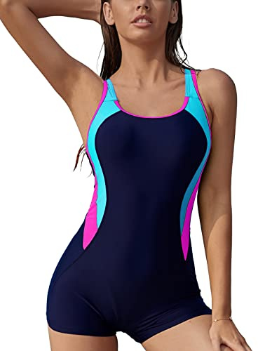 SHEKINI Maillot de bain une pièce athlétique pour femme Boyleg Color Block Sport Maillots de bain dos nageur
