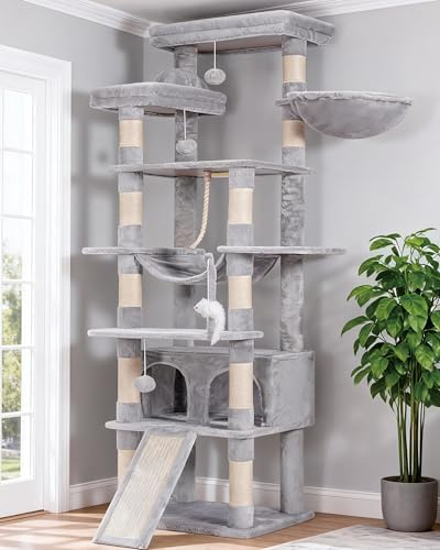 Heybly Kratzbaum, 200 cm hoch, Katzenbaum, mit 11 Kratzsäulen, groß Plattformen, 2 Korb, Hängematte, Höhle, Plüschbälle, mehrstöckiger Katzenkratzbaum, Hellgrau HCT033W
