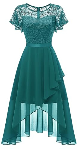 Wedtrend Abito da sera da donna elegante abito da cocktail alto basso abito da ballo con pizzo linea A per matrimonio abito corto festa donna linea A abito Vokuhila, Verde pavone, XS