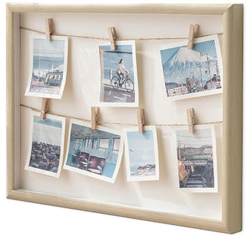 Gwezmxs Bilderrahmen Collage, Fotohalter mit Klammern, Bilderrahmen mit Klammern und Leine, Fotocollage mit 7 Klammern für Polaroid Fotos, Photo Frame with Clips, Holz, 42x32cm