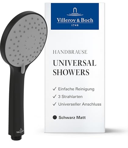 Villeroy & Boch Universal Showers Handbrause – Schwarz Matt | Handbrause mit 3 Strahlarten, EasyClean, wassersparend, Anti-Rückfluss, universeller Anschluss, TVS109003000K5