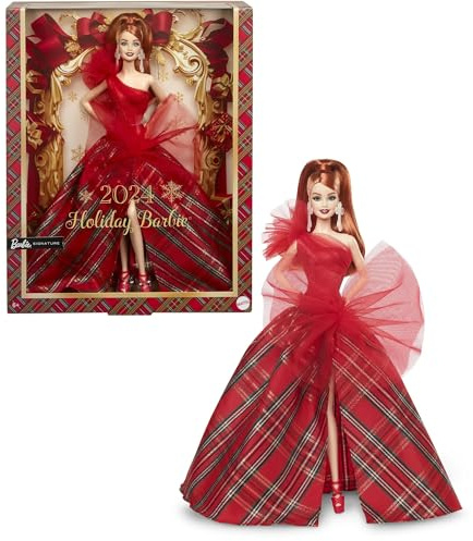 Barbie Poupées de Vacances 2024, Jouet collecteur saisonnier, Signature, Robe à Carreaux avec nœud Rouge, Emballage affichable, Cheveux Rouges