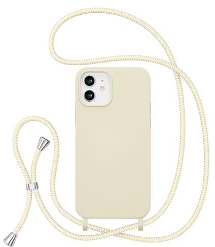 ZTOFERA Handykette Hülle Kompatibel mit iPhone 12/iPhone 12 Pro, Liquid Silikon Handyhülle mit Umhängeband, Schutzhülle mit Band Kordel zum Umhängen Necklace Hülle für iPhone 12/12 Pro, Beige