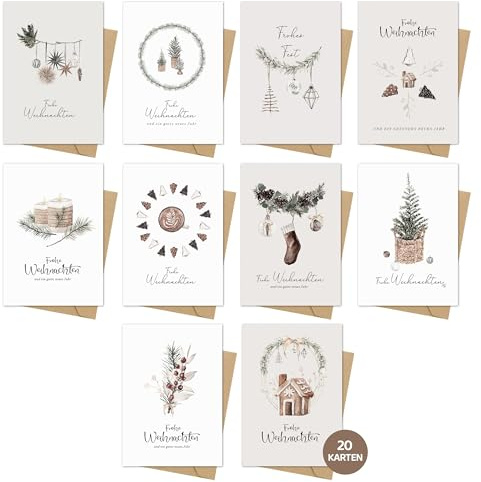 Weihnachtskarten Set – 20 Klappkarten A6 mit Umschlägen, 10 Motive je 2, Weihnachtliche Grußkarten für Familie, Freunde & Kollegen, Frohe Weihnachten Karten