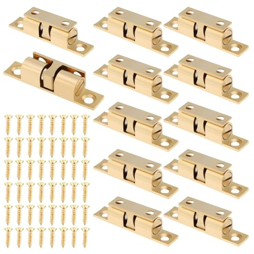 HOJLKLD 12Pcs Double Ball Tension Roller Catch Latch, 50mm Solid Brass Door Catches Hardware, Adjustable Cabinet Closet Ball Tension Latch or Cupboard Closet Cabinet Furniture Door (Gold)