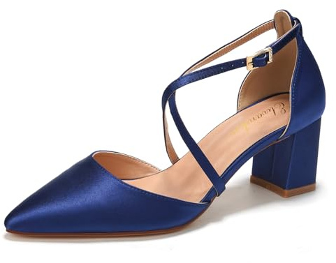 Elivandon J1586 Mujer Satén Punta Puntiaguda Tacón Medio 6cm Sandalias Noche Tacón Ancho Nupcial Boda Zapatos Tira Larga Color Azul Oscuro,Tamaño 39 EU