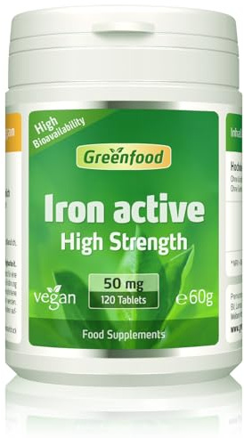 Greenfood Iron Active, 50 mg, Extra high dose, 120 Tablets, high Availability, Excellent tolerability, Vegan - Important for Blood Formation, Energy and Immune System.