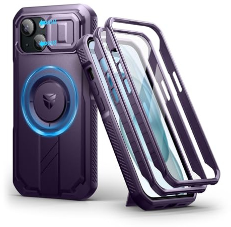 Dexnor Magnetica Cover Compatibile con iPhone 15 con Copertura Della Fotocamera Scorrevole & Cavalletto Regolabile & Protezione Dello Schermo Integrata, Robuste Antiurto Custodie - Phantom Purple