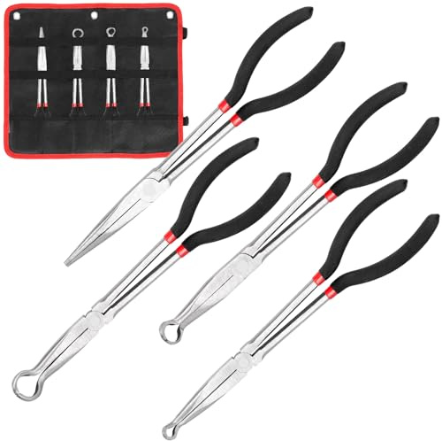 Wokape 4Pcs Extra lange Zange Sortiment Set mit 3 Größen 11„ rutschfeste Schlauchzange, 11“ gerade lange Zange, Zangensatz für Draht Biegen, Formen, Trimmen
