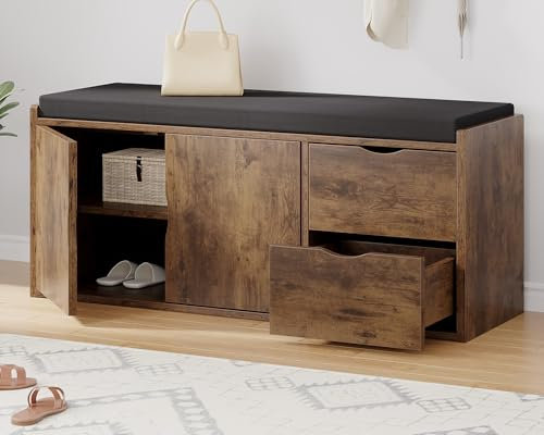 LVB Sitzbank mit Stauraum, Schuhbank mit Sitzfläche, Gepolstert, Multifunktionale schuhregal mit Schublade für Flur, Wohnzimmer, Schlafzimmer, bis 150kg belastbar, Vintagebraun Schwarz, 101x45x34cm