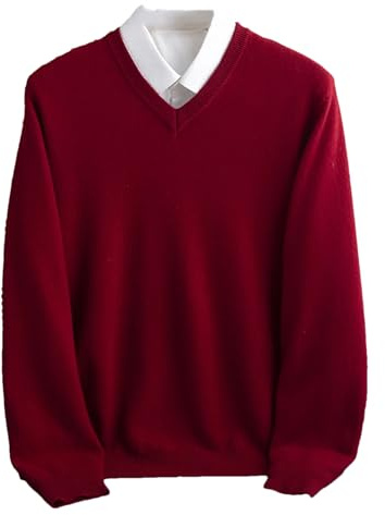 Adhdyuud Pull en laine mérinos pour homme d'hiver avec col en V à manches longues en cachemire épais, bordeaux, XL