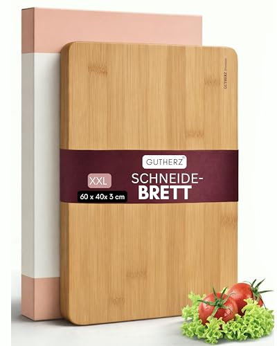 Gutherz® Schneidebrett aus schönem Bambus | XXL -ohne Lack | 60 x 40 x 3 cm | Groß & Natürlich | Wendbar | Massives Holzbrett | Langlebig & Messerfreundlich - Antibakteriell ohne Saftrille