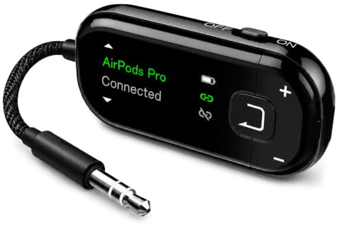 Avantree Voyager - Auracast Flugzeug Bluetooth Adapter in Schwarz | OLED-Display zeigt Verbindung und Akkustand; Auracast, Bluetooth 5.4, aptX Adaptive und Qualcomm-Chip für Flugreisen