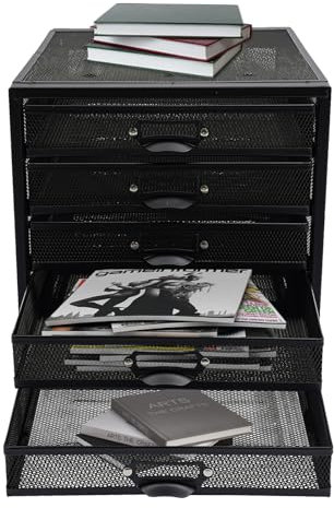 WindWilder 5 Etagen Schubladenbox 27.5x35.4x28.3cm, 5 Schubfächer, Eisen Mesh Schreibtisch Organizer für A4 Dokumente, bis 15kg/33lbs, Schwarz