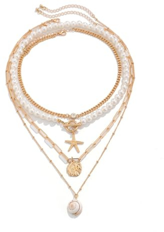 CYWQ Women Starfish Shell Necklaces Boho Seashell Beach Pendant Gold Layered Pearl Choke Necklace Dainty Fashion Statement Jewelry (Starfish Shell Necklaces)