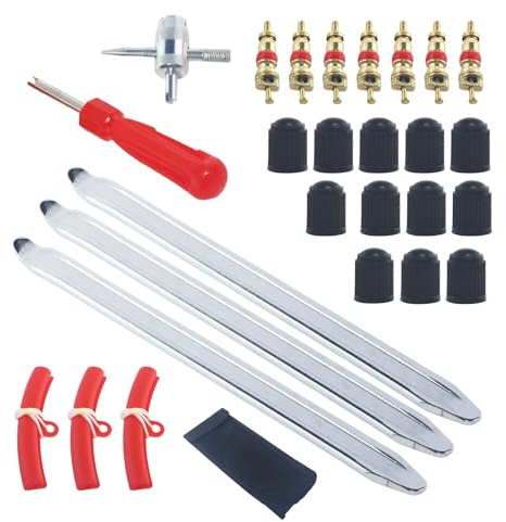 SUKITMISO 28 Stück Reifenheber Reifen Montiereisen 30 cm mit 3 Felgenschützern, Reifenmontage Werkzeug Reifenlöffel Montierhebel Reifenmontage Werkzeug Reifenmontiergerät für Motorrad Fahrrad Auto