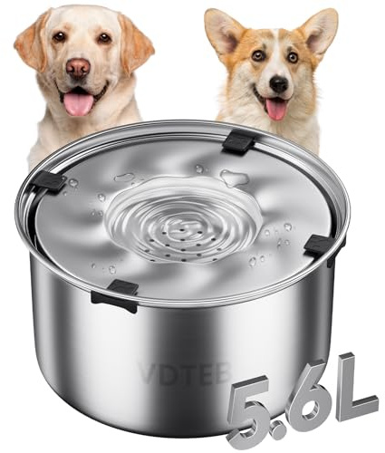 VDTEB Dog Water Bowl No Spill, 5.6L/1.5Gal Stainless Steel Slow Water Bowl for Dogs, Spill Proof Slow Drinking Dog Water Feeder with Anti-Slip for Medium Large Messy Drinkers