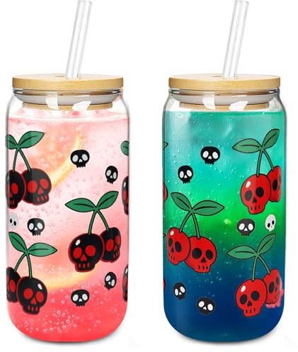 ONEHAUS Halloween Mug 2 Pcs, 18 oz Skull Glass Cups with Lids and Straws Ghost Mug Glass Tumbler Mason Jar Iced Coffee Can, Spooky Gifts Boo Basket Stuffers Drinking Glasses Halloween Decorations