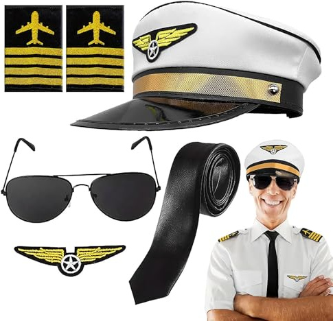 Juego de accesorios para cosplay para niños, piloto de aviación, capitán, juego de rol, sombrero eléctrico, gafas de identificación, paquete de disfraces de aviación para Halloween, día de