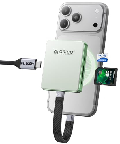 ORICO Lettore di schede magnetico & M.2 SSD Case per iPhone 15/16/17 Pro - 5 in 1 TF/SD 3.0 con NVMe 2230/2242, 10 Gbps USB 3.2 Gen2, PD 100 W - AP42F (verde)