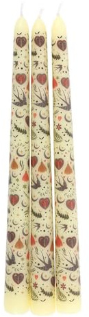 Set of 3 Cream Midnight Bloom Print Taper Candles | Unscented Decorative Candles with Folk Floral Design | Paraffin Wax | 5-Hour Burn | Gift-Boxed Dinner Candle Set