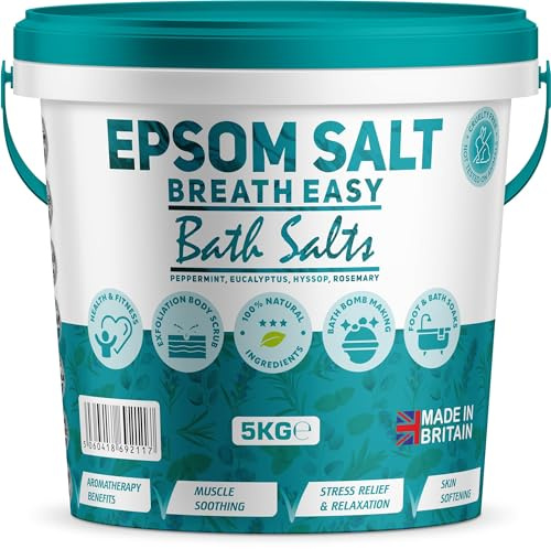 Scented Epsom Bath Salts 5kg Infused with Breath Easy Essential Oil, 100% Natural Mineral Salts - Supports Sleep and Relieves Aching Muscles Magnesium Sulphate Foot Soak Bath Epsom Salt