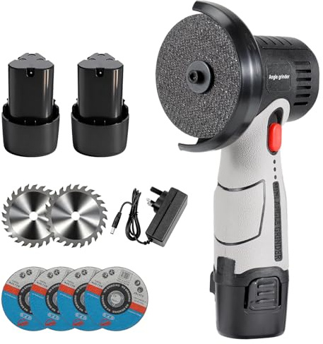 Snorthy Mini amoladora angular, amoladora angular inalámbrica de 12 V, herramienta portátil con 2 baterías recargables, 6 discos de corte, 1 llave y cargador para cortar y pulir