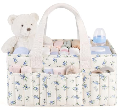 NADSSJL Wickeltisch-Organizer, Wickelkorb für die Wickelstation, Stilvoller Wickelorganizer für Babybedarf, Unverzichtbares Geschenk zur Geburt und für die Baby-Wunschliste, Kleine blaue Blumen